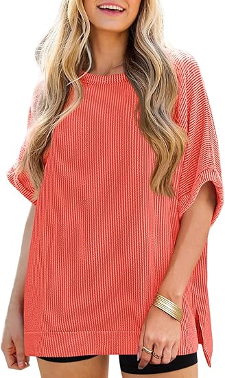 Womens Oversized T Shirts Summer Casual Ribbed Batwing Short Sleeve Tunic Tops Loose Fit Dolman Sleeve Tees