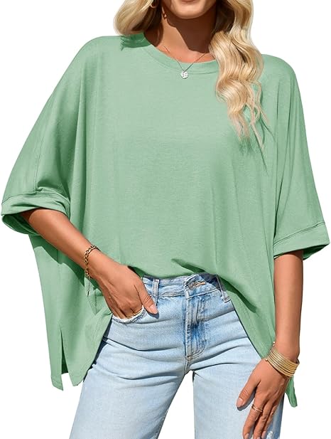 Womens Oversized Tshirts Batwing Short Sleeve Asymmetric Hem Tops Summer Casual Loose Fit Tunic Tee Shirts