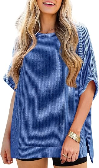 Womens Oversized T Shirts Summer Casual Ribbed Batwing Short Sleeve Tunic Tops Loose Fit Dolman Sleeve Tees