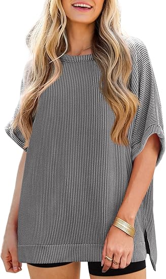 Womens Oversized T Shirts Summer Casual Ribbed Batwing Short Sleeve Tunic Tops Loose Fit Dolman Sleeve Tees
