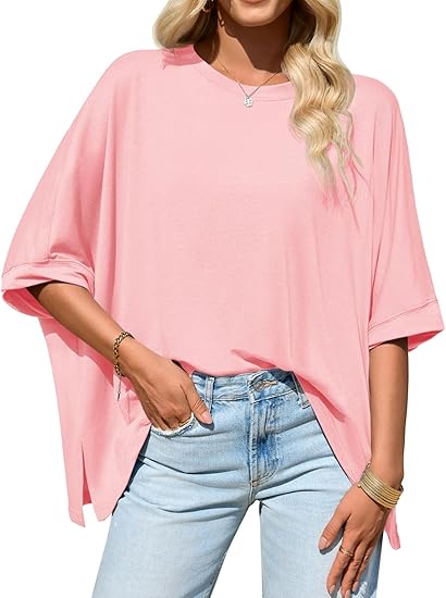Womens Oversized Tshirts Batwing Short Sleeve Asymmetric Hem Tops Summer Casual Loose Fit Tunic Tee Shirts
