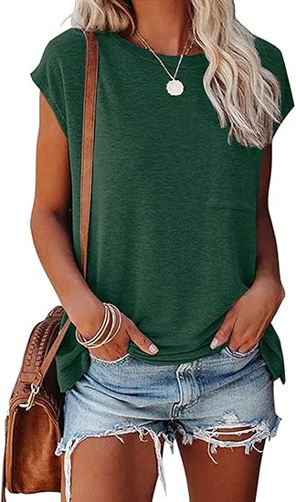 Womens Summer Short Cap Sleeve Shirts Solid Loose Fit Pocket Tunic Tops