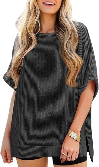 Womens Oversized T Shirts Summer Casual Ribbed Batwing Short Sleeve Tunic Tops Loose Fit Dolman Sleeve Tees