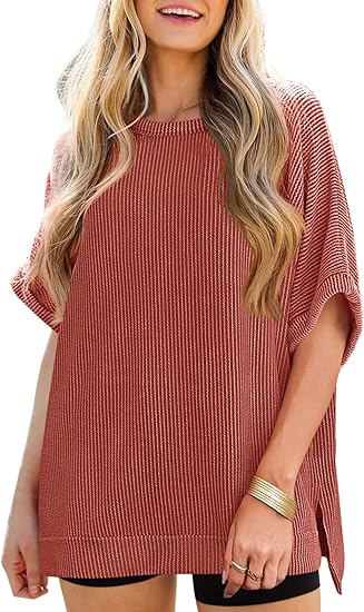 Womens Oversized T Shirts Summer Casual Ribbed Batwing Short Sleeve Tunic Tops Loose Fit Dolman Sleeve Tees