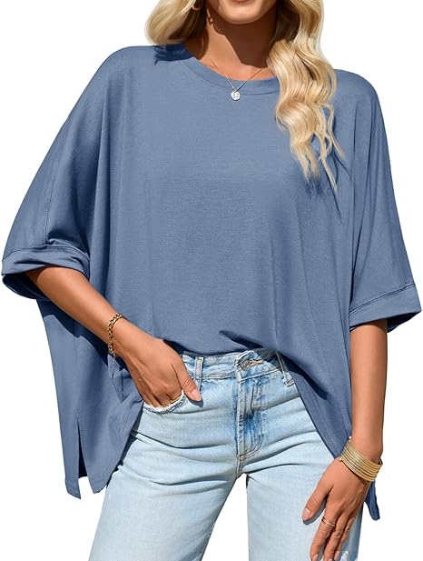 Womens Oversized Tshirts Batwing Short Sleeve Asymmetric Hem Tops Summer Casual Loose Fit Tunic Tee Shirts