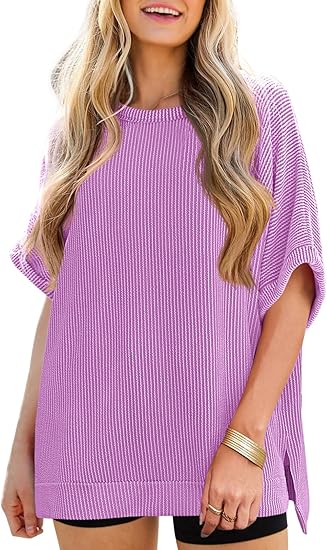Womens Oversized T Shirts Summer Casual Ribbed Batwing Short Sleeve Tunic Tops Loose Fit Dolman Sleeve Tees