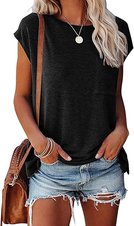 Womens Summer Short Cap Sleeve Shirts Solid Loose Fit Pocket Tunic Tops