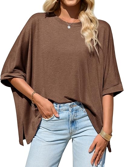 Womens Oversized Tshirts Batwing Short Sleeve Asymmetric Hem Tops Summer Casual Loose Fit Tunic Tee Shirts