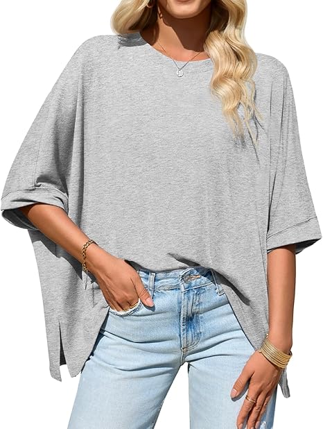 Womens Oversized Tshirts Batwing Short Sleeve Asymmetric Hem Tops Summer Casual Loose Fit Tunic Tee Shirts