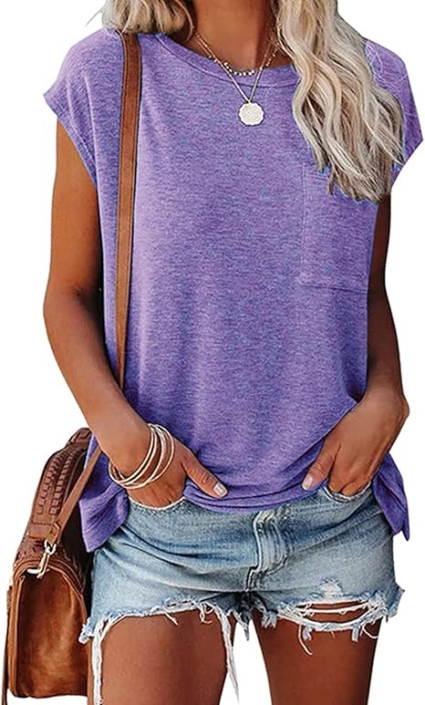 Womens Summer Short Cap Sleeve Shirts Solid Loose Fit Pocket Tunic Tops