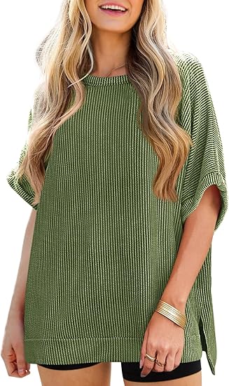Womens Oversized T Shirts Summer Casual Ribbed Batwing Short Sleeve Tunic Tops Loose Fit Dolman Sleeve Tees