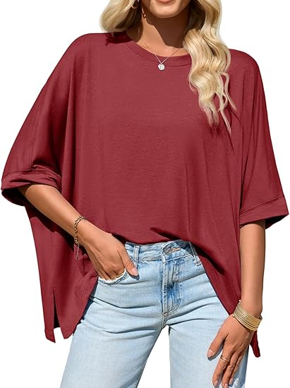 Womens Oversized Tshirts Batwing Short Sleeve Asymmetric Hem Tops Summer Casual Loose Fit Tunic Tee Shirts
